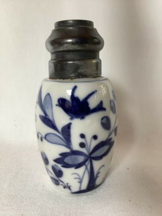Vintage Blue White Hand Painted Porcelain Salt Pepper Shaker Silver Metal Top