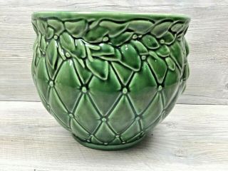 Large Vintage Round Green Glazed Ceramic Flower Pot Planter Made In Usa