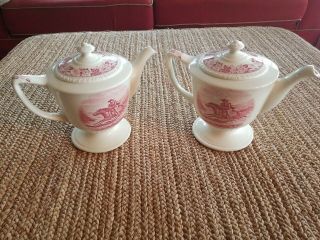 Two Homer Laughlin Historical America Pony Express Red Transfer Ware Teapots