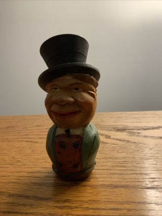 Vintage Anri Carved Wood Bottle Cork Stopper Smiling Fat Man Top Hat
