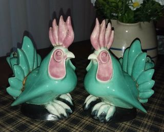 2 Ceramic Vintage Retro Art Deco Green Blue Bird Chicken Rooster Candle Holders