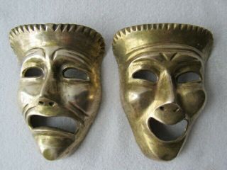 Vintage Solid Brass Theater Drama Comedy & Tragedy Masks Wall Hanging Mcm 5 In.