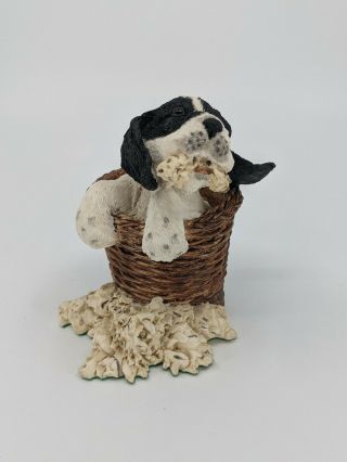 1993 Paw Prints By Goebel: Dog Figurine W/ A Black And White Dog In A Basket