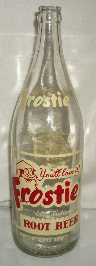 Vintage Frostie Old Fashion Root Beer Bottle Quart Glass Soda Advertising