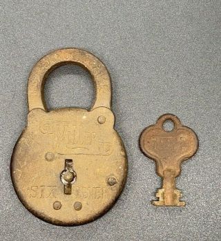 Antique Vintage Miller Six Lever Lock Padlock 3x2 Inch With Key