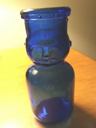 Vintage Cobalt Blue 1/2 Pint Bottle Person Face