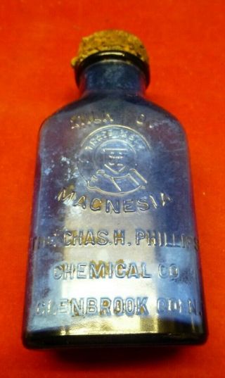 Antique Vintage Phillips Milk Of Magnesia Old Blue Bottle Made Usa Glenbrook 5 "