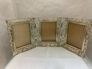 Vintage Gold With White Filigree Metal Tri Fold Picture Frames Gc