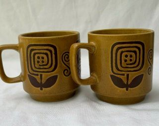 Two (2) Vintage Coffee Mugs - Retro Mustard And Brown With Square Flowers