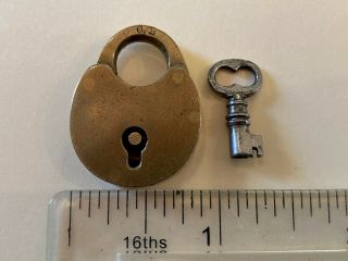 Antique Vintage Miniature Brass Lock W/ Key Marked “o.  B”