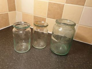 Aqua Glass Preserve Jam Jar Set X 3 Victorian Antique Vintage Rare