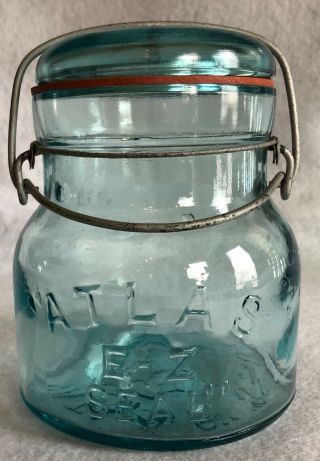 Vintage Atlas E - Z Seal Blue Glass Top Fruit Canning Jar 2