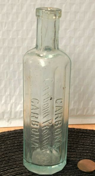 Vintage Carbona Products Co Medicine Glass Bottle Apothecary 12 Sided Aqua Rare