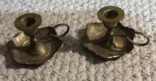 Vintage Indian Brass Candle Holders With Fingerloop - Set Of 2 -