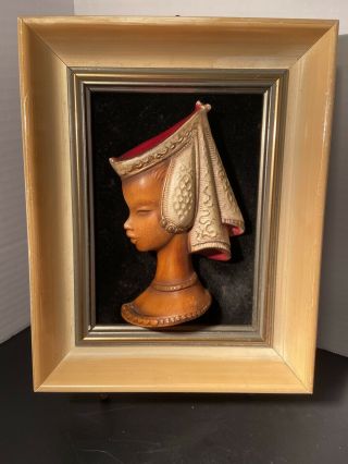 Rare Vintage Italian Ceramic Bust Women Figure Velvet Wood Framed Art