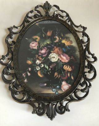 Antique Floral Bouquet Bronze Concave Bubble Glass Frame Italy Italian Rococo