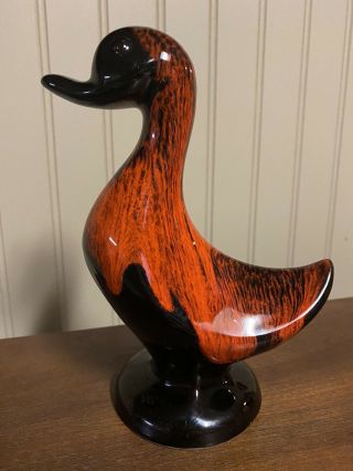 Vintage 7.  25” Ceramic Duck Figurine Mid - Century Modern Orange & Black Drip