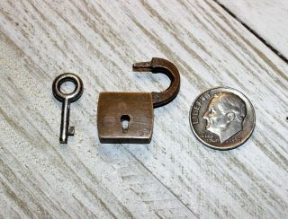 Small Antique Brass Miniature 7/8in Padlock And Barrel Skeleton Key Vtg Old Lock