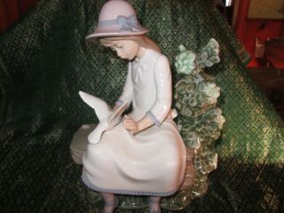 Glazed Porcelain Vintage Lladro Nao Girl On Bench With Doves -