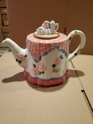 Ff Fitz Floyd Ceramic Decorative Teapot Floral Flower White Pink Roses 1988 34oz