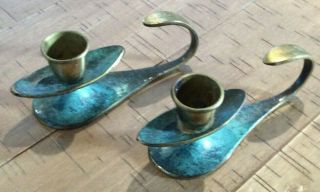 Vintage Pair Mid Century Design Brass And Turquoise Enamel Taper Candle Holders