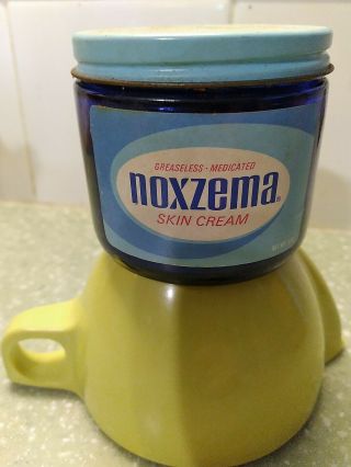 Vintage Noxzema Skin Cream Blue Glass Jar Collectible Advertising 1970 