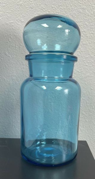 Vintage Aqua Blue Glass Apothecary Storage Jar With Bubble Lid,  7 X 3 1/2