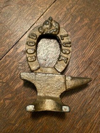 Vintage Miniature Cast Iron Anvil With A Good Luck Horseshoe