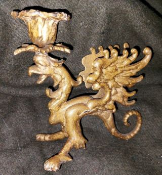 Antique Solid Brass Winged Dragon Candlestick Candle Holder