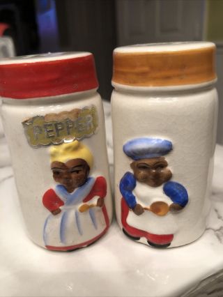 Vintage Black Americana Collectible Ceramic Salt Pepper Set Chef Cook Japan