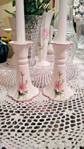 Vintage Set Of Two Candlestick Holders Hand Painted Japan Floral Pink On White