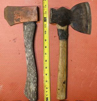2 Antique Vintage Hatchet Axe Tools Wood Handle Display Rustic Crude