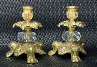 Vintage Hollywood Regency Heavy Gold Metal Claw Footed Candlestick Holder Pair