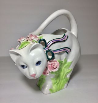 Vintage Ceramic Cat Planter Vase By Ribbon Roses 1989 Hand Painted Seymour Mann