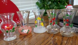 5 Bartlett Collins Glass 4 Inch Vases Hand Paint Flowers Reds And Yellows