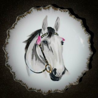 Mid - Century Vintage Horse Decorative Wall Plate Japan Grey Horse Portrait