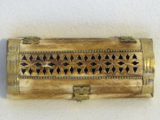 Vintage Real Carved Bone Trinket Jewelry Box With Brass Hardware From India