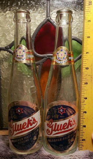 2 Vintage 12 Oz.  Gluek Paper Label Beer Bottles Lengend 2 Legend 4 Minneapolis