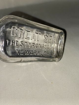 Great Seal Styron Beggs Co Newark Oh Laudanum Opium 5” Glass Bottle Flask Cork