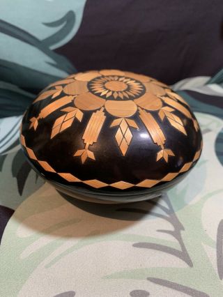 Vintage Russian Handcrafted Round Wooden Inlaid Folk Art Trinket Jewelry Box VTG 3
