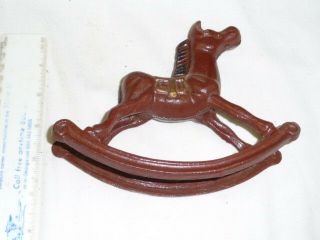Vintage Cast Iron Metal Rocking Horse Toy Painted Red W/ Gold Saddle 5.  5 X 6.  5 "