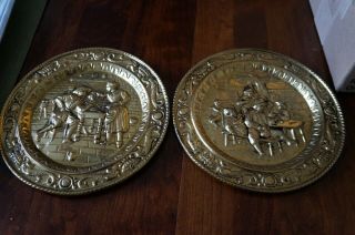 Vintage English Brass Pub Scene Wall Hanging Plates Set Of 2; 9.  25 In Wide