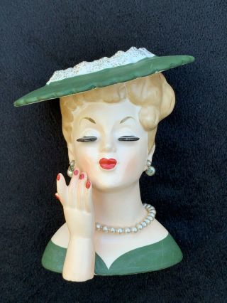Vintage 1958 Napco Lady Head Vase Green Dress C3343 Pearls And Earrings