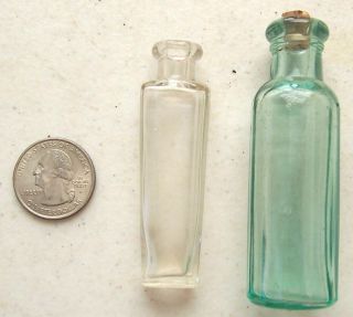 Two Small Vintage Glass Bottle - Clear & Green - Cork Stopper