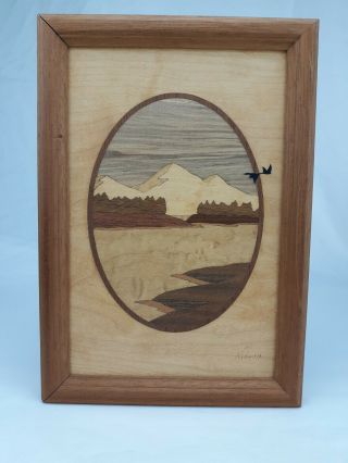 Vintage Hudson River Inlay Wooden Marquetry Picture " Mountain "