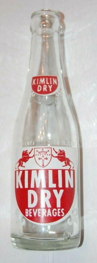 Vintage Kimlin Dry Beverages Soda Bottle / Corry,  Pa /