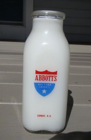 Vintage ABBOTT ' S ALL STAR DAIRIES ONE PINT Square ACL Milk Bottle - CONWAY,  N.  H. 2