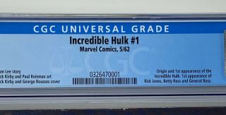 INCREDIBLE HULK 1 Marvel Comics 1962 CGC 6.  0 Hulk Origin & 1st Appearance 2