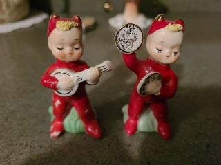 Vintage Napco Pixie Devil Salt Pepper Shakers Boy Valentines Boy Musicians Banjo
