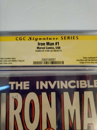Invincible Iron Man 1 CGC 6.  5 Signed By Stan Lee 1968 2